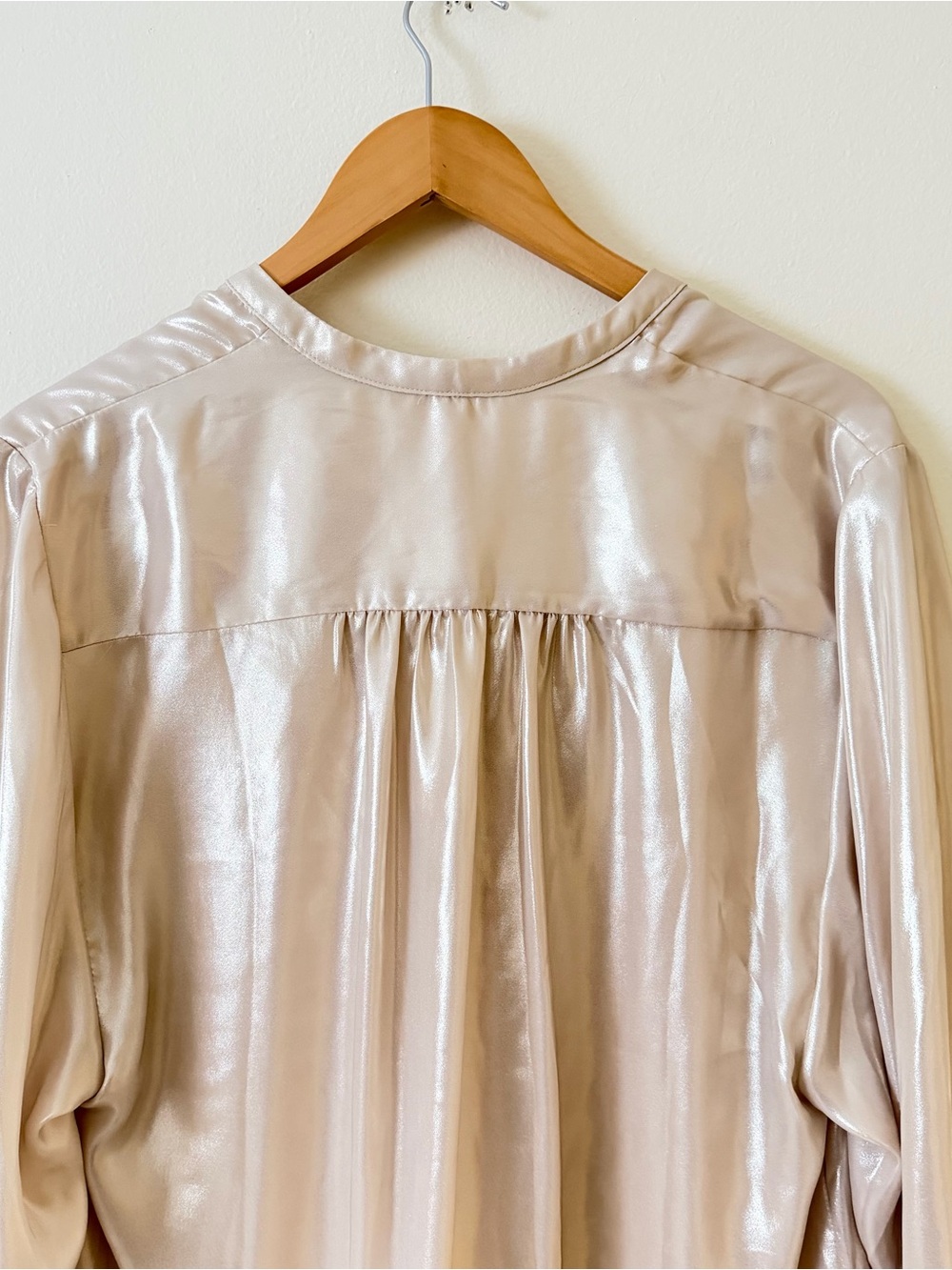 Anthropologie Shimmery Pearl Beige Metallic V-Neck Blouse - Picture 3 of 7